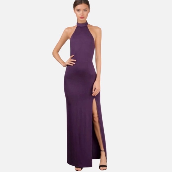 NWT TOBI Nordstrom Sayge Plum Button Halter Stretch Knit Leg-Slot Maxi Dress S/P - Picture 1 of 16